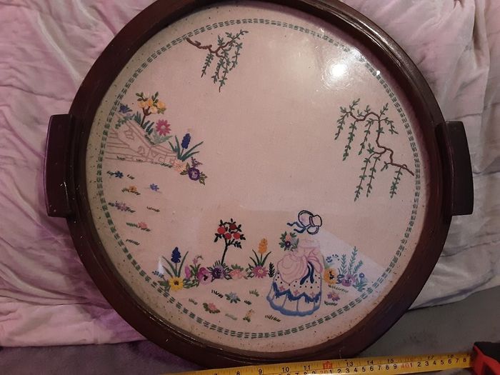 vintage mahogany embroidered tray