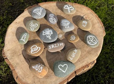 Decorative 12 Collectible Rock Art Set. Engraved and Hand Painted Irish Symbols