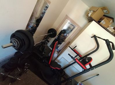 Full Home Gym Set Olympic Barbell, Bench, Stands, Power Tower, Plates Etc.