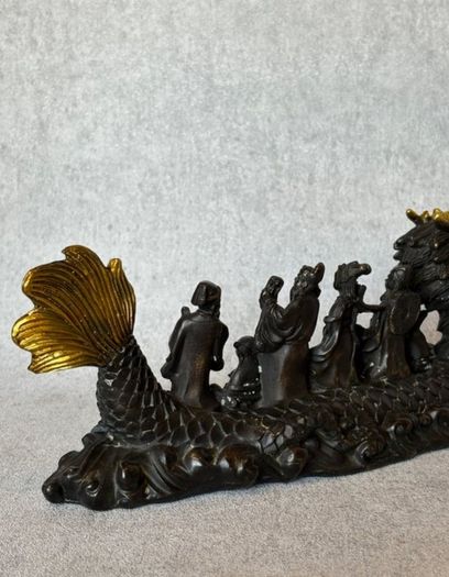 Antique Eight Immortals Dragon Boat - Patinated Bronze, Gold Accents, Signed