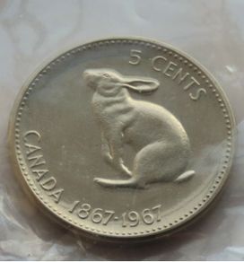1967 Vintage Canadian 5 cents Hopping Hare