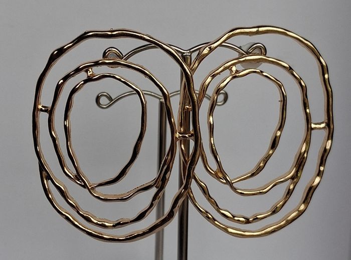 Gold Organic Abstract Concentric Oval Textured Hoop Earrings