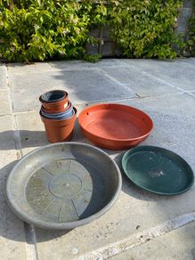 Selection of small plant pots and large plant saucers