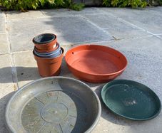 Selection of small plant pots and large plant saucers