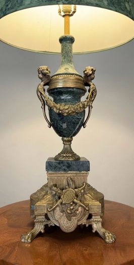 Elegant French Empire Style Green Marble and Brass Table Lamp