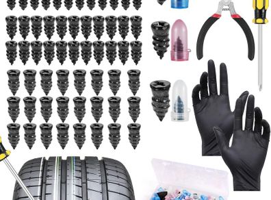 75Pcs Tyre Repair Kit Rubber Nails, Car Puncture Repair Kit with Screwdriver, Fast Self-Service Tire Rubber Nails Tool, Tyre Repair Screw for Auto Motorcycles Bicycles (25S +25M +25L)