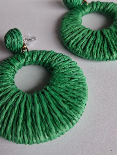 Grass Green Raffia Woven Stud Hollow Out Woven Hoop Earrings