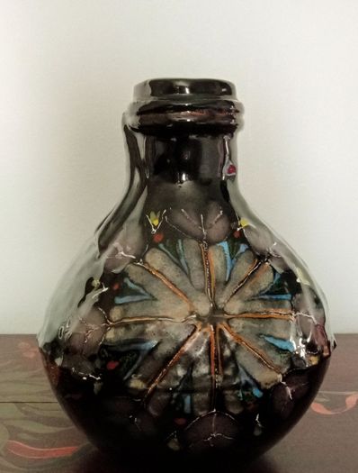Vintage Bitossi Art Glass Vase with a Dark Glaze and Abstract Floral Design