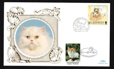 1996 Alderney Embossed Benham Cover issued by The Cats Protection League, Horsham tying 41p  stamps (depicting white car with tortoiseshell in top cart First Day Cover (FDC)