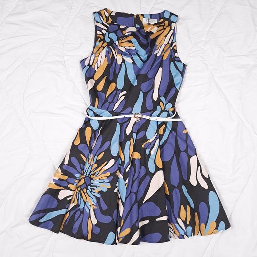 Closet London Abstract Blue Navy Belted A-Line Skater Dress 12UK/40EU