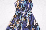 Closet London Abstract Blue Navy Belted A-Line Skater Dress 12UK/40EU
