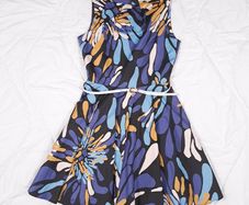 Closet London Abstract Blue Navy Belted A-Line Skater Dress 12UK/40EU