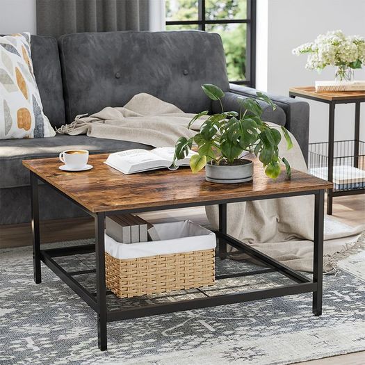 Coffee table square coffee table, coffee table, made of steel, with mesh shelf, square, industrial design, for living room, vintage brown-black