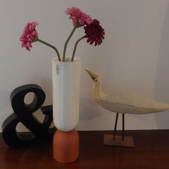 Fabulous Ceramic and Wood "TWO" Vase by the Danish Design Company Kristina Dam Studio, Copenhagen, Excellent Condition, Monochromatic Scandi Minimalism at its Best