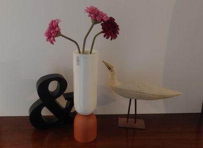 Fabulous Ceramic and Wood "TWO" Vase by the Danish Design Company Kristina Dam Studio, Copenhagen, Excellent Condition, Monochromatic Scandi Minimalism at its Best