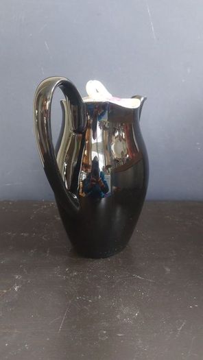 Stunning Vintage MCM 1950's Coffee Set for Six, Including Coffee Pot, by Johnson Bros, in Black and Cream with Pink Rose Detailing and Platinum Gilt Design