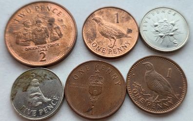 Gibraltar 6 Coins 1p & 2p & 5p 1991- 2015