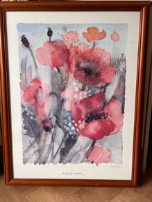 Framed watercolour painting of poppies