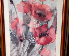 Framed watercolour painting of poppies