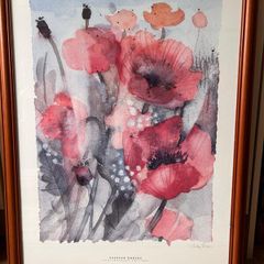 Framed watercolour painting of poppies