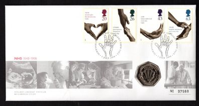 1998 Great Britain 50th Anniversary of National Health Service (NHS) Philatelic Numismatic Cover (PNC) Cover including 50p Coin & Commemorative Stamp Set
