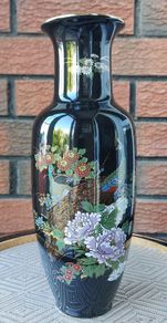 Japanese "Interpur" Ceramic Black Peacock/Floral Vase