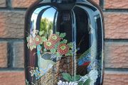 Japanese "Interpur" Ceramic Black Peacock/Floral Vase