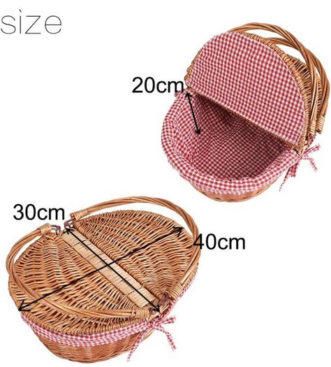 Oval Country Style Wicker Picnic Basket with Folding Handles & Liners for Picnics, Parties and BBQs - 40cm L x 30cm W x 20cm H (FREE POSTAGE)