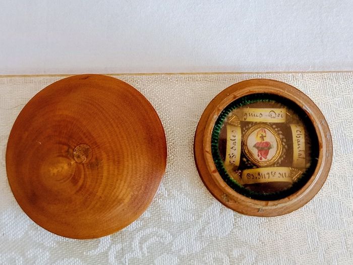 Antique French Turned Wood & Incased in Glass Reglious Travel Relic Box