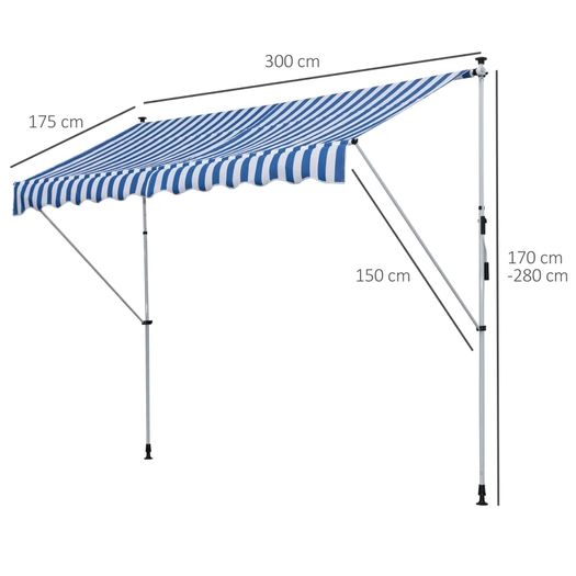 300 x 150cm Patio Adjustable Awning Floor- to-ceiling Retractable Shade,UV Protective - Blue and White