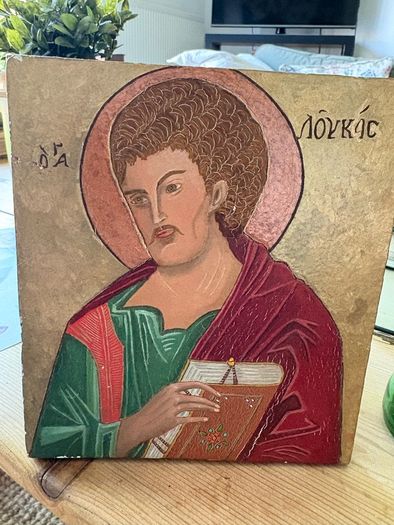 Vintage Hand Painted religious Icon of St Luke on wood Byzantine style
