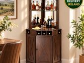 Industrial Corner Bar Cabinet with Wine Rack & Glass Holder  Black Walnut