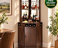 Industrial Corner Bar Cabinet with Wine Rack & Glass Holder  Black Walnut