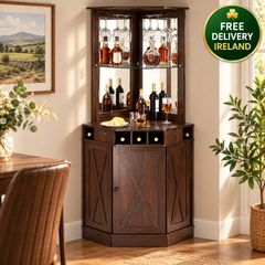 Industrial Corner Bar Cabinet with Wine Rack & Glass Holder  Black Walnut
