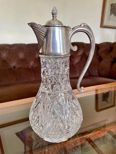 Antique Vintage Silver Plated Crystal Glass Claret Jug Pitcher