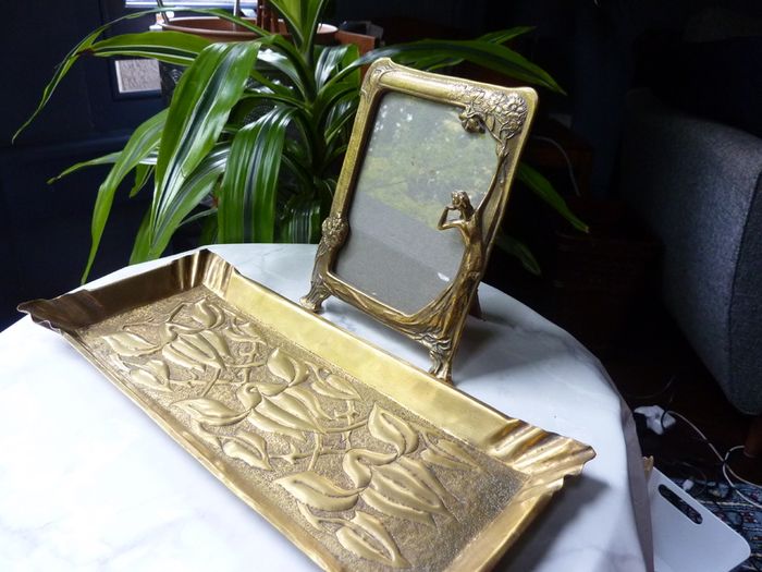 Original Art Nouveau Brass Dressing Table Pieces. Photo Frame and Repousse Tray