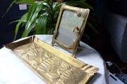 Original Art Nouveau Brass Dressing Table Pieces. Photo Frame and Repousse Tray