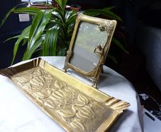 Original Art Nouveau Brass Dressing Table Pieces. Photo Frame and Repousse Tray