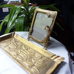 Original Art Nouveau Brass Dressing Table Pieces. Photo Frame and Repousse Tray