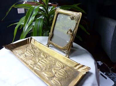Original Art Nouveau Brass Dressing Table Pieces. Photo Frame and Repousse Tray