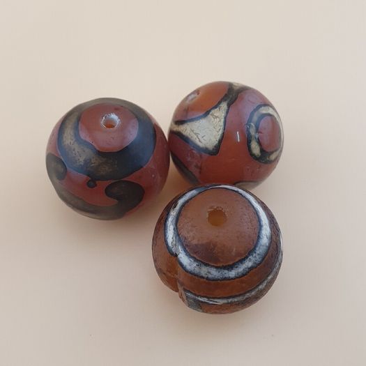 Vintage Etched Carnelian Agate Beads Tribal Gemstone Lot of 3