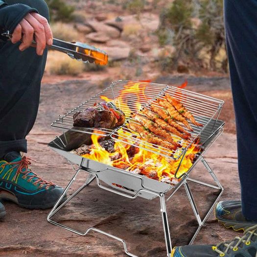 Collapsible Campfire Grill Camping Fire Pit, 304 Stainless Steel Grill Gate, Heavy Duty Portable Camping Grill with Carrying Bag, M