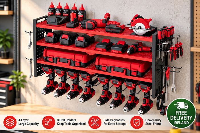Heavy Duty Wall Mounted Power Tool Organiser  4 Tier Garage Storage Rack with 8 Drill Holders