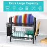2 Tier Black Dish Drainer Rack, Stainless Steel Dish Drying Rack Kitchen, Dish Drainers Draining Board with Drip Tray, Rust Proof Large Dish Rack Washing Up Sink Drainer Rack Image 2