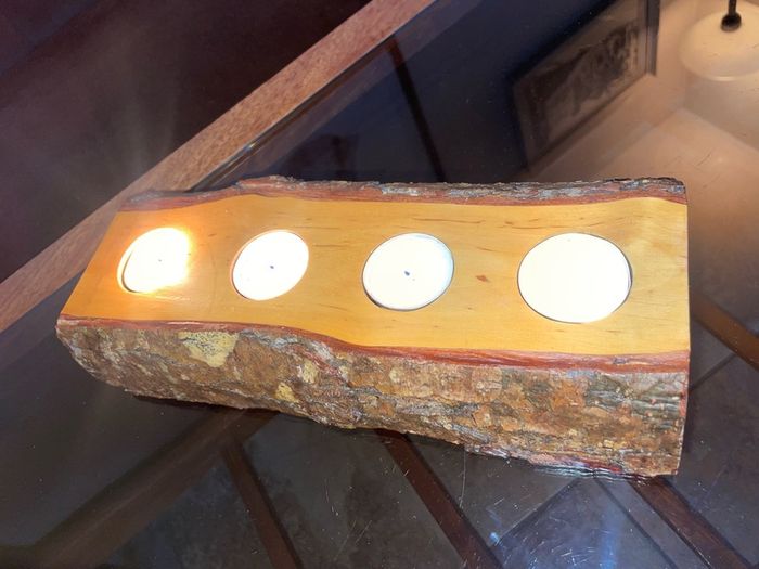 Stunning Rustic Live Edge Pine Wood Tea Light Holder Yule Log Waxed and Sealed