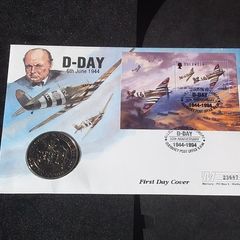 1994 D-Day 50th Anniversary, Guernsey 2 Pound Coin and Stamp First Day Cover, ( Mercury PNC )