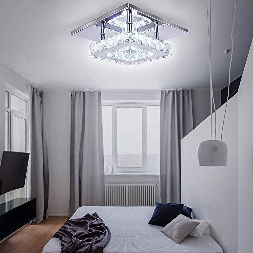 Mini Crystal Chandelier Mount Ceiling Light in Chrome Finish - Pendant Lighting for Living Room, Kitchen, Office, Bedroom, Dining Room, Island (White Square)