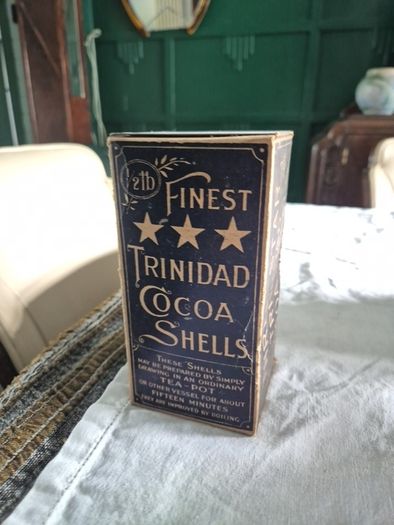Antique Vintage Trindad cocoa shells cardboard packaging with product