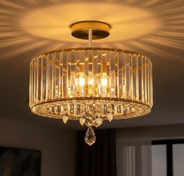 Gold Crystal Ceiling Lights,3-Light Modern LED Chandeliers Fitting,Industrial Crystal Semi Flush Mount Ceiling Lighting for Hallway Living Room Kitchen Bathroom,Dia 36.5cm E27 Base