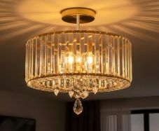 Gold Crystal Ceiling Lights,3-Light Modern LED Chandeliers Fitting,Industrial Crystal Semi Flush Mount Ceiling Lighting for Hallway Living Room Kitchen Bathroom,Dia 36.5cm E27 Base